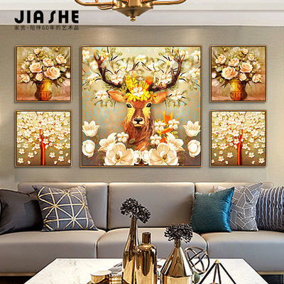 欧式客厅沙发背景墙装饰画黄金招财鹿壁画现代简约餐厅五联挂画